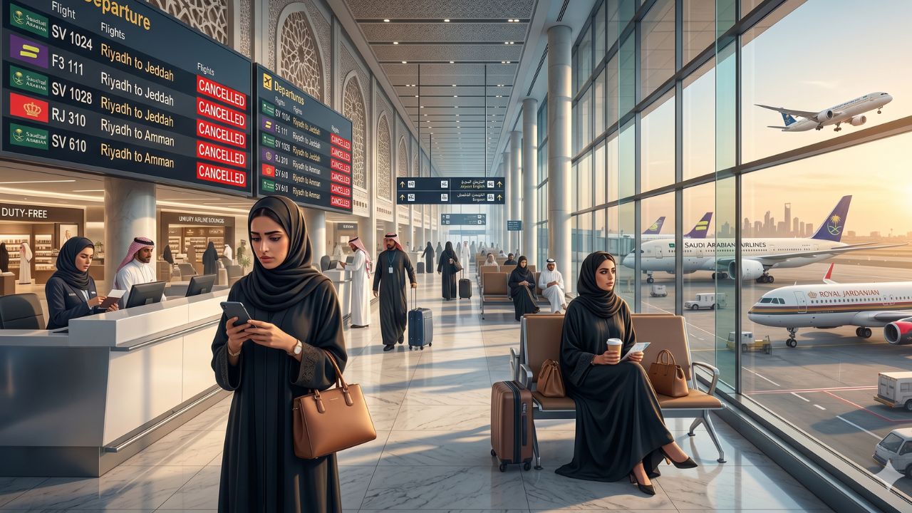 A highly chaotic scene at King Khalid International Airport in Riyadh showing desperate crowds of passengers stranded by severe flight cancellations and severed regional connections