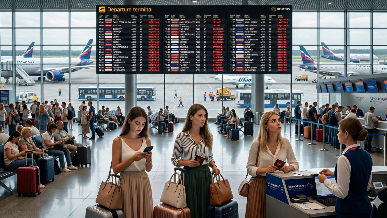 A highly dramatic scene capturing the massive Russian flight disruptions, specifically focusing on the terrifying international travel chaos and severe terminal gridlock across Moscow, Saint Petersburg, and Kazan
