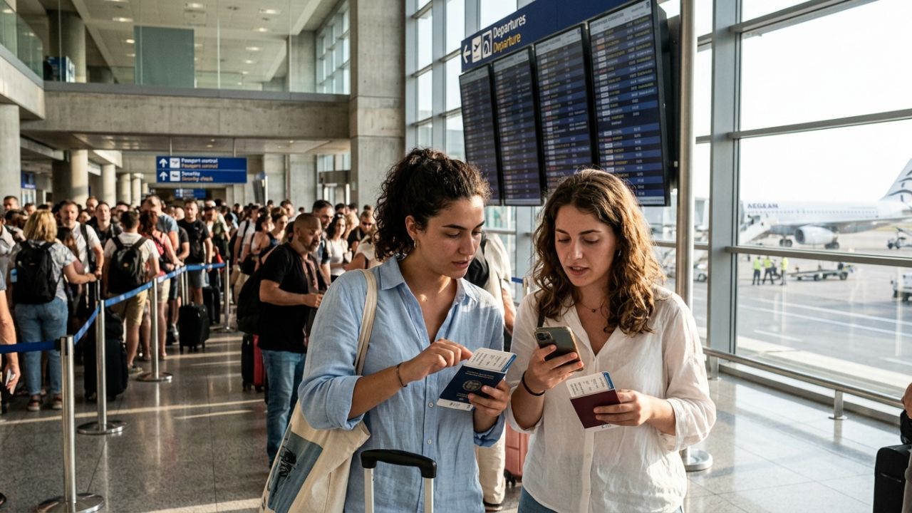 A congested non-Schengen passport control zone at Athens International Airport, where severe delays caused passengers to miss their Ryanair flight