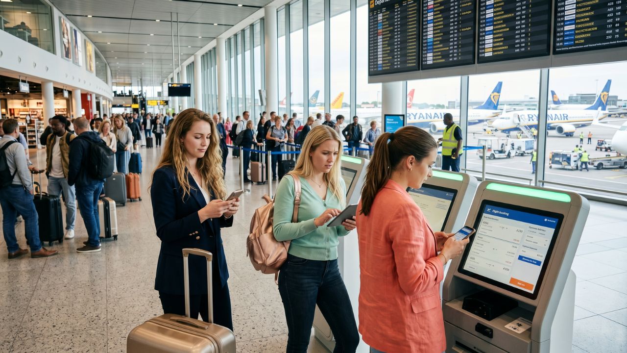 A congested European airport terminal experiencing severe travel chaos as a frustrated passenger looks at a digital booking screen displaying inflated baseline ticket prices