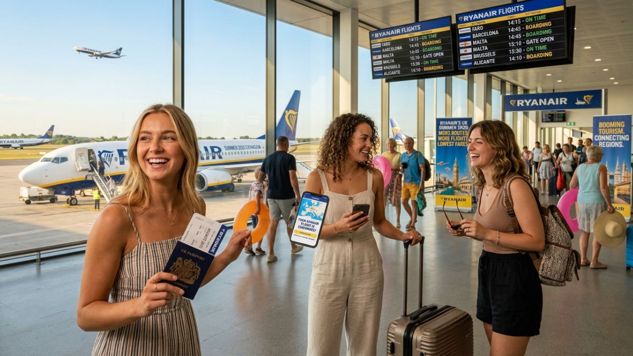 A highly dramatic scene capturing Ryanair aviation authorities aggressively executing a massive regional UK flight expansion to combat severe international travel chaos and bypass congested European transit hubs