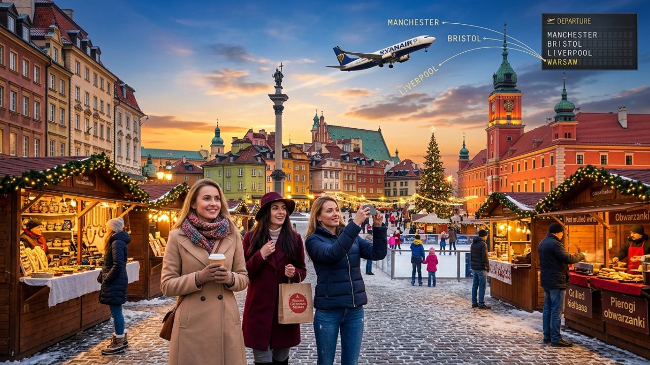 A highly dramatic scene capturing Ryanair aviation authorities aggressively executing a massive 46-route winter expansion to Warsaw to combat severe international travel chaos and bypass extreme UK airport congestion
