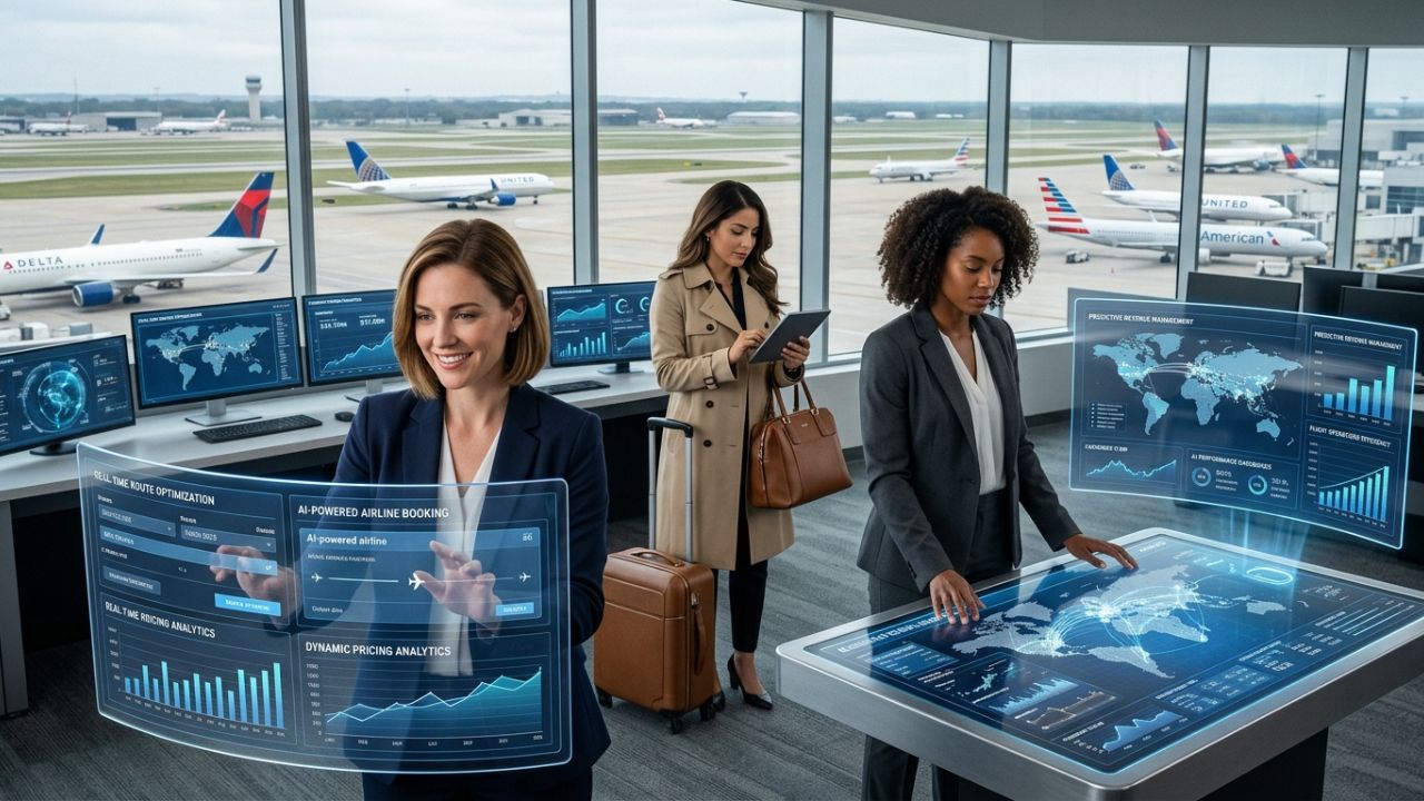 A highly dramatic scene capturing massive industry relief as Sabre Corporation aggressively deploys a massive Artificial Intelligence shield to bypass the terrifying travel chaos and IT system meltdowns paralyzing global airline bookings
