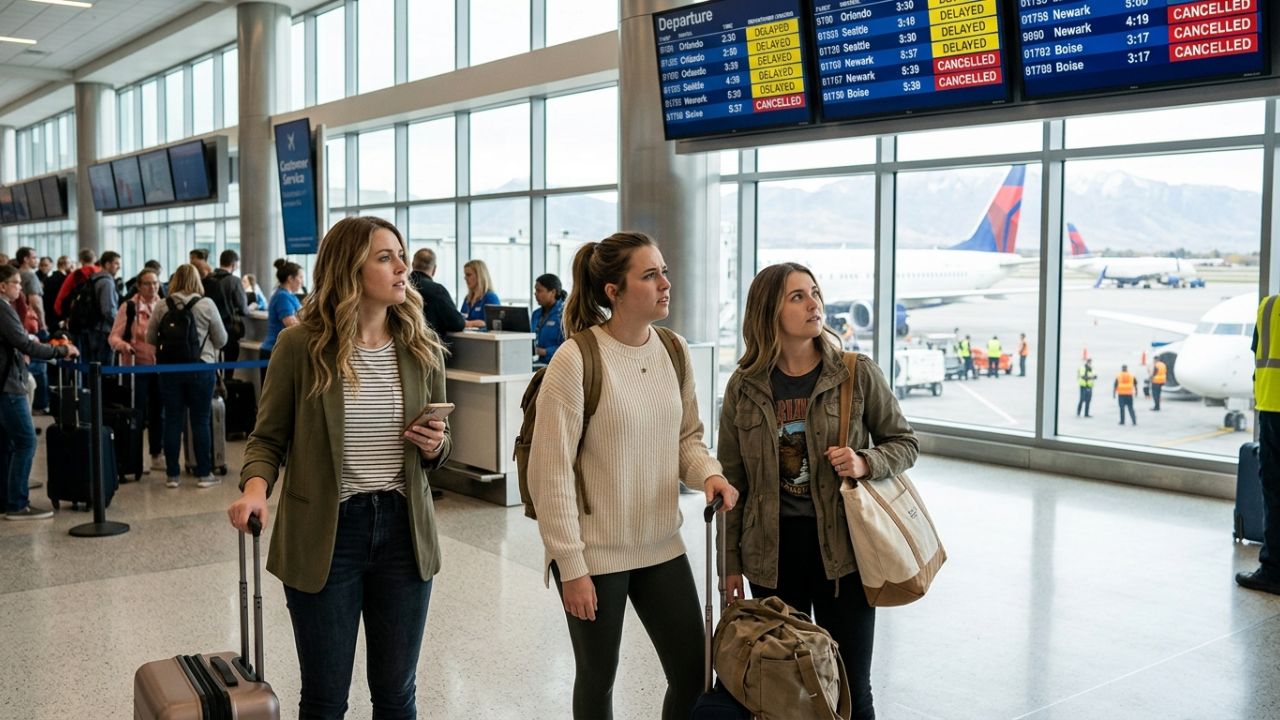 Passengers waiting at Salt Lake City International Airport (SLC) during flight cancellations and disruptions.