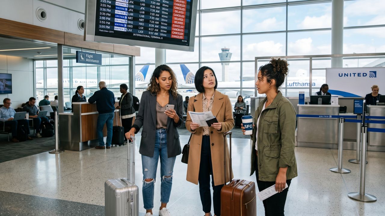 A highly congested departures terminal at San Francisco International Airport, packed with exhausted international and domestic travelers staring at a massive flight board displaying widespread delays