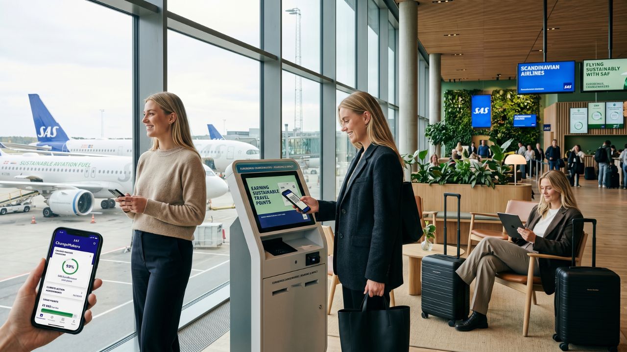 A highly modern SAS aircraft taxiing at Copenhagen Airport, highlighting the airline's transition toward sustainable aviation fuel and the new EuroBonus ChangeMakers loyalty program