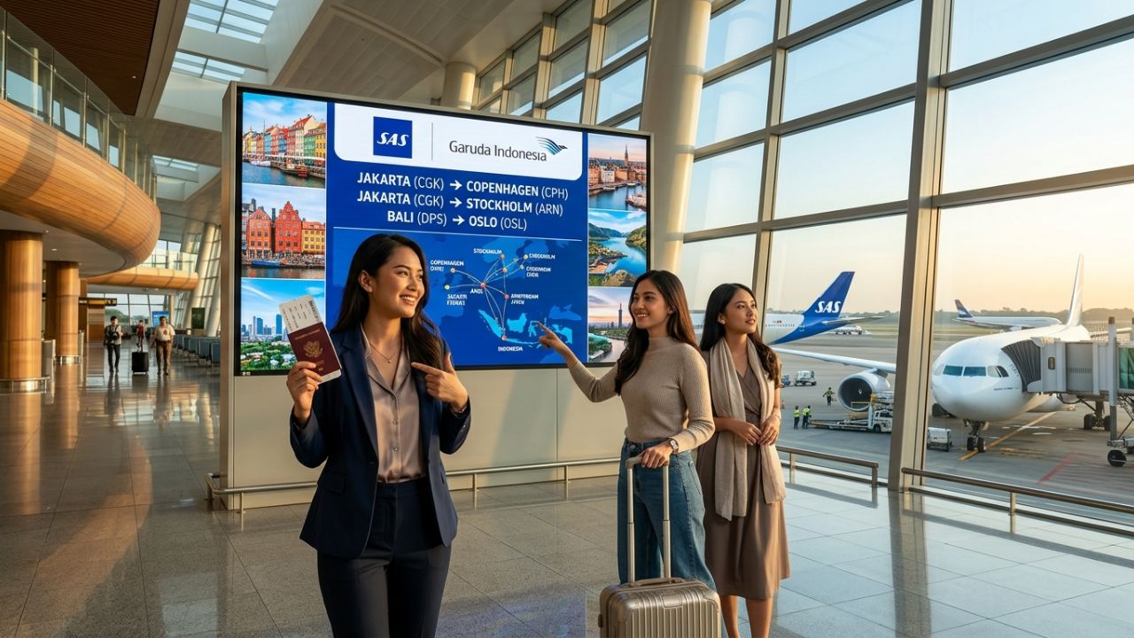 A highly dramatic scene capturing massive passenger relief as Scandinavian Airlines and Garuda Indonesia aggressively deploy a new SkyTeam codeshare, violently shielding travelers from terrifying travel chaos and disconnected airport disruptions