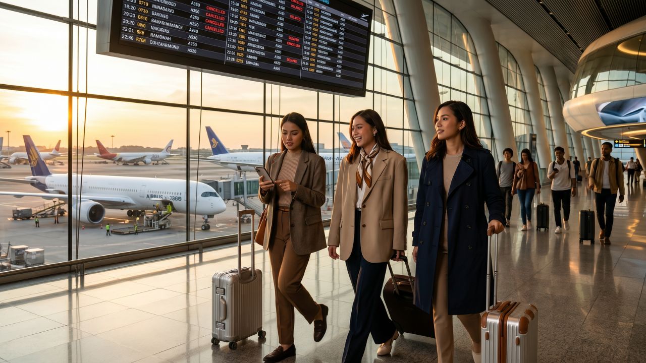 A highly congested international airport terminal, bracing for the massive travel chaos and flight cancellations that would trigger if Saudi Arabian airspace is restricted by military operations