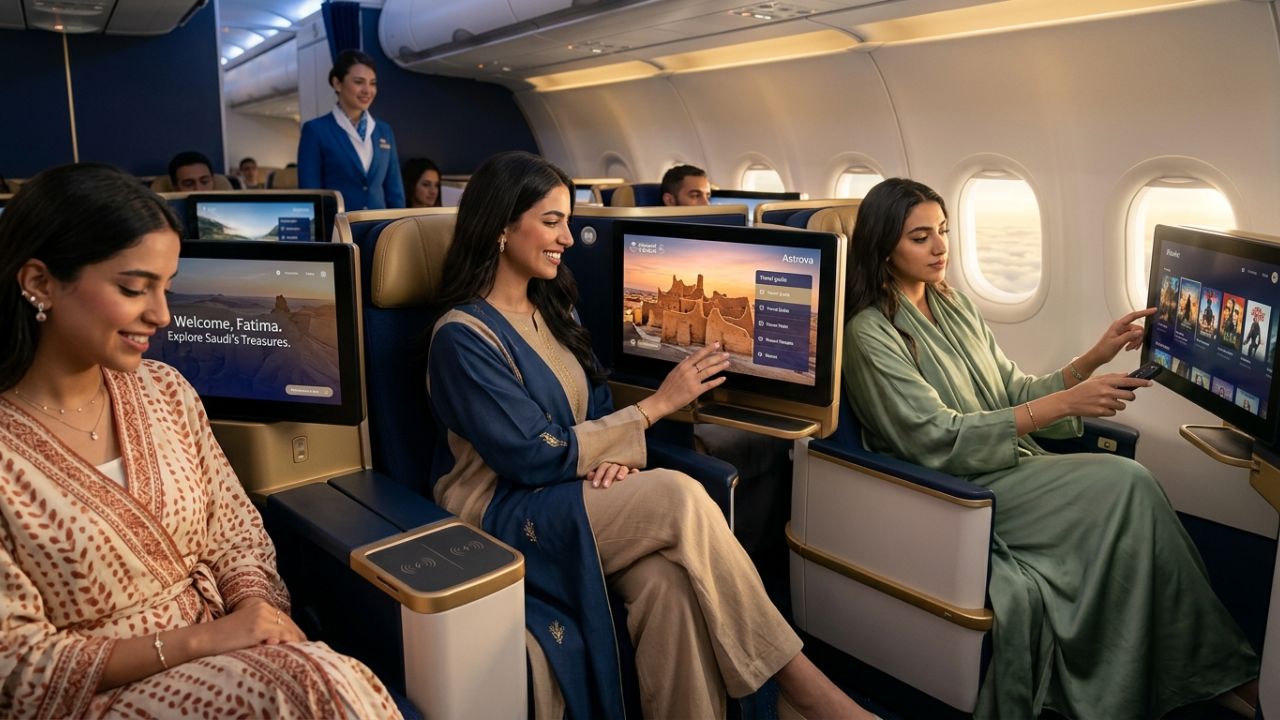 The interior of a Saudia Airbus A321XLR featuring the advanced Panasonic Astrova OLED entertainment system, designed to elevate passenger comfort and defeat travel chaos.