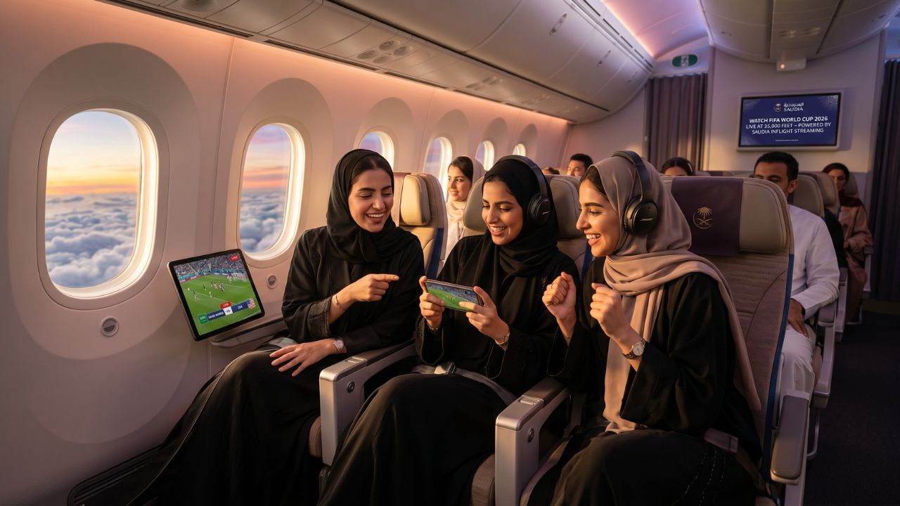 A luxurious Saudia inflight entertainment screen brightly broadcasting a live FIFA World Cup match while a passenger relaxes in a premium business class suite