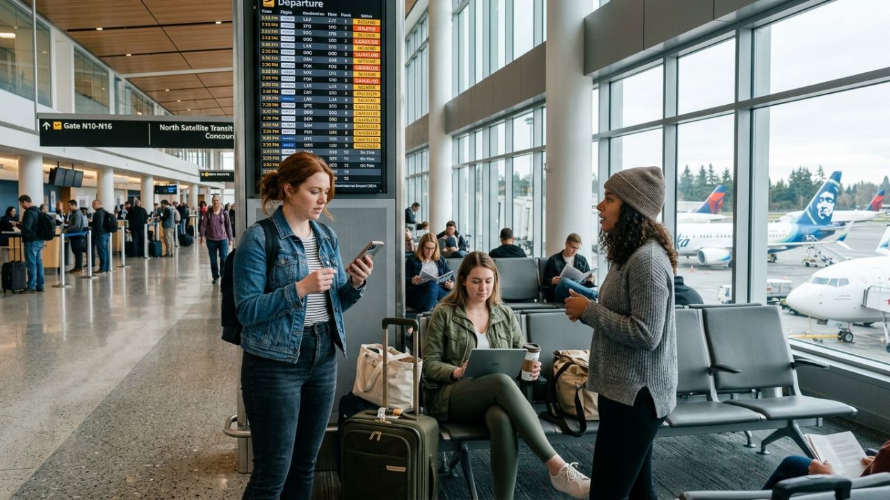 A highly congested, totally gridlocked terminal at Seattle-Tacoma International Airport filled with stranded passengers, symbolizing the massive travel chaos and severe flight cancellations actively crushing the Pacific Northwest aviation network.