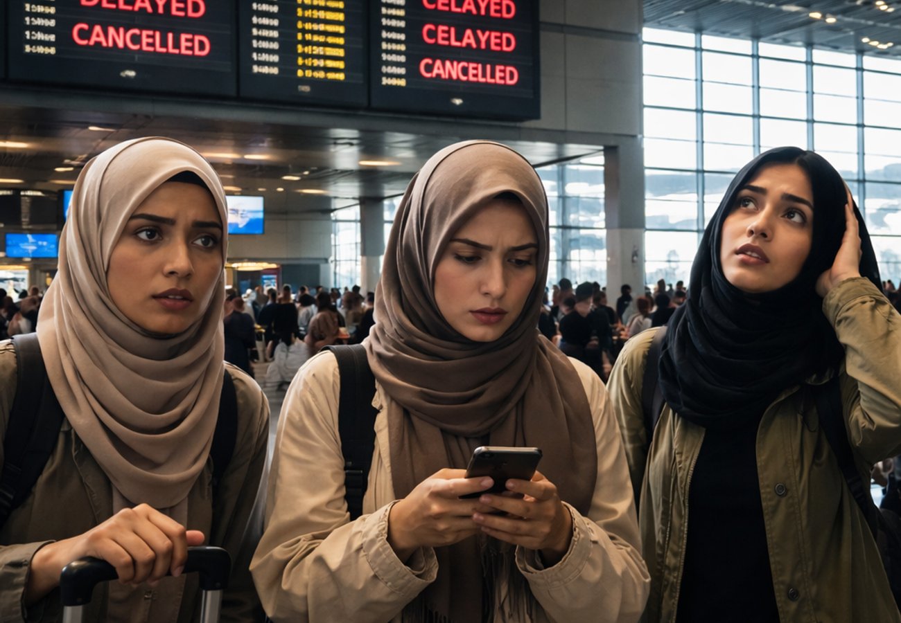 Seeb International Airport terminal with disrupted flight information displays