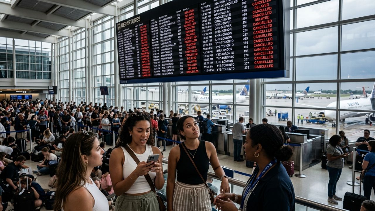 A highly dramatic scene capturing heavy thunderstorms and lightning striking near the heavily congested terminals at Chicago O'Hare International Airport, representing the terrifying extreme weather driving massive travel chaos