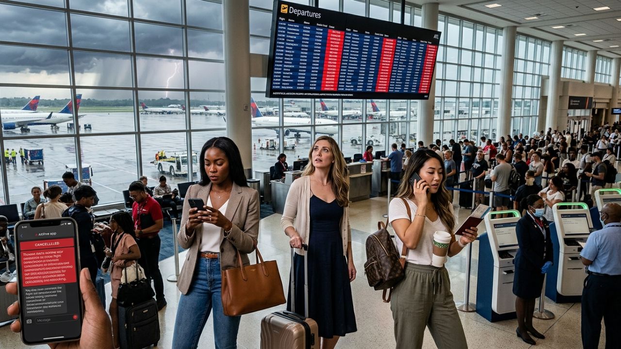 A highly dramatic scene capturing heavy thunderstorms and lightning striking near the massive terminals at Hartsfield-Jackson Atlanta International Airport, representing the terrifying extreme weather driving massive travel chaos