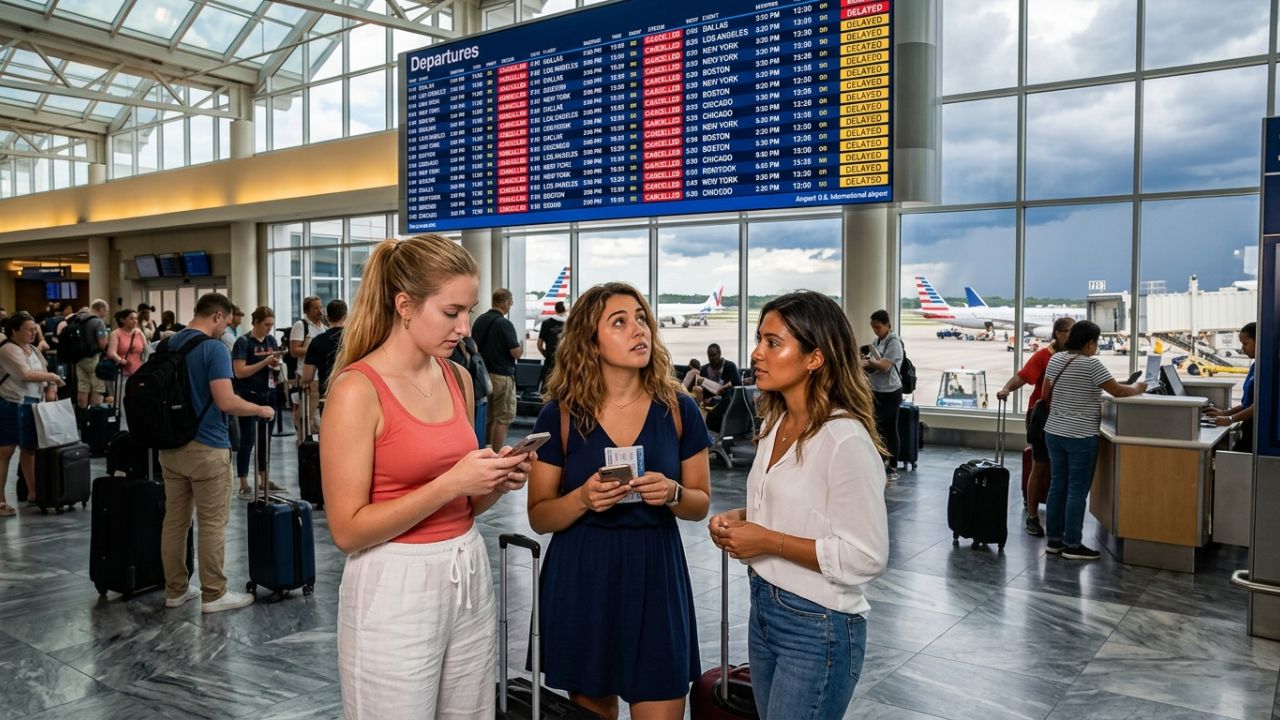 A highly dramatic scene capturing massive passenger gridlock across a major American airport terminal, representing severe nationwide travel chaos as hundreds of flight cancellations paralyze airline operations from California to New York.