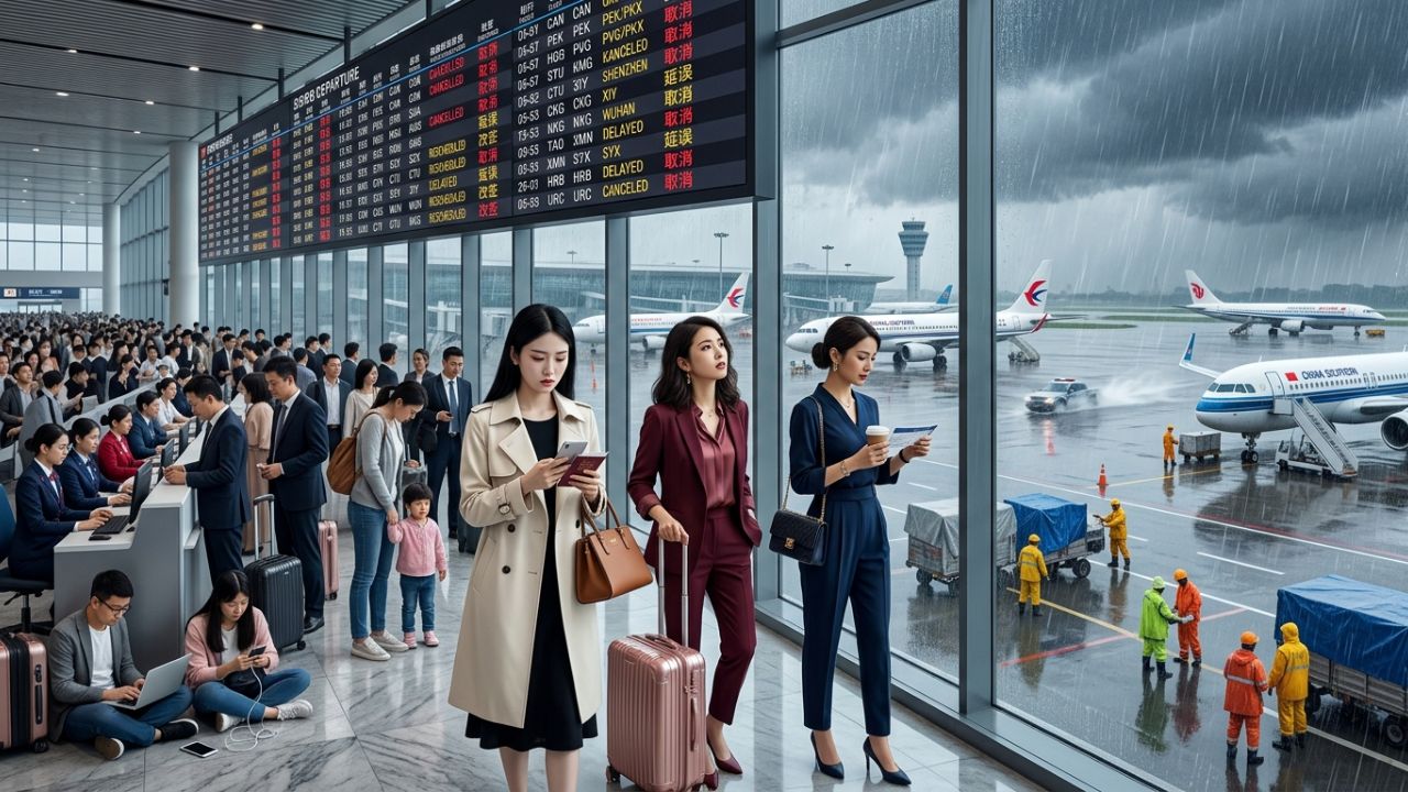 A highly dramatic scene capturing massive passenger gridlock at a rain-soaked major Chinese airport terminal, representing severe travel chaos as thousands of delayed flights paralyze operations from Guangzhou to Beijing.