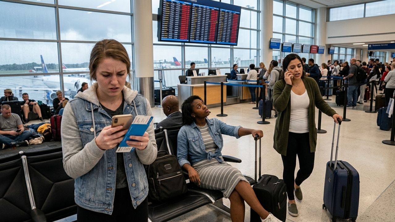 A highly dramatic scene capturing heavily congested terminal gates and massive queues at Charlotte Douglas International Airport, representing the intense operational meltdown and travel chaos caused by severe flight cancellations