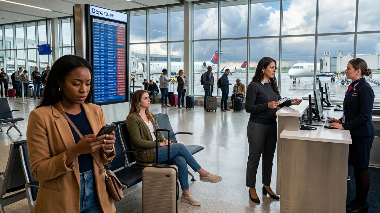 A highly dramatic scene capturing heavily congested terminals and stranded passengers at Des Moines International Airport, representing the intense operational meltdown and travel chaos following sudden flight cancellations by major carriers