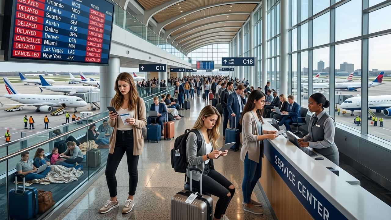 A highly dramatic scene capturing heavily congested terminal gates and massive queues at Milwaukee Mitchell International Airport, representing the intense operational meltdown and travel chaos caused by severe flight cancellations