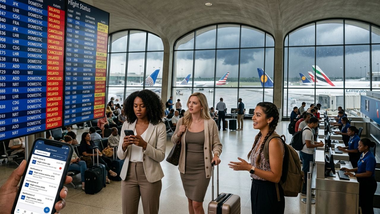 A highly dramatic scene capturing heavy thunderstorms and lightning striking near the terminal at Washington Dulles International Airport, representing the terrifying extreme weather driving massive travel chaos and flight cancellations