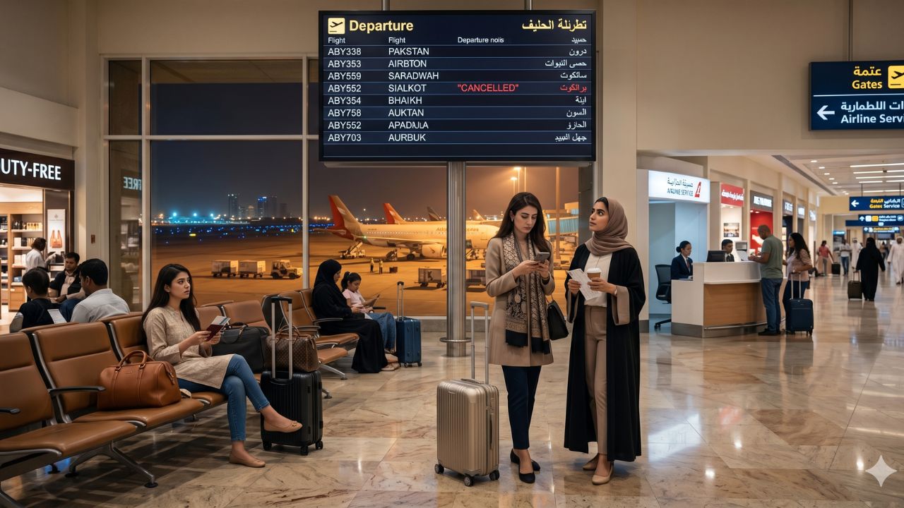 A highly chaotic scene at Sharjah International Airport showing desperate crowds of passengers stranded by a severe ABY Airlines flight cancellation severing connections to Sialkot