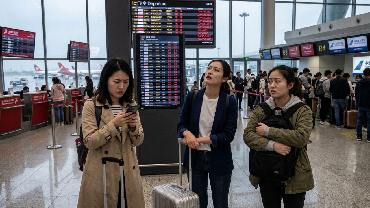 A highly congested tarmac at Shenzhen Bao'an International Airport with dozens of delayed aircraft waiting for clearance.