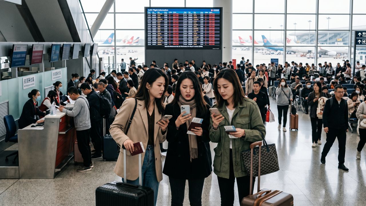 A highly congested departure terminal at Shenzhen Bao'an International Airport, filled with stranded passengers suffering through massive travel chaos and flight cancellations
