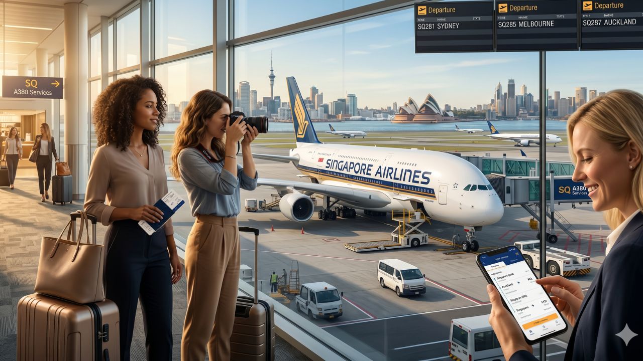 A highly dramatic scene capturing the massive Singapore Airlines A380 superjumbo deployed to mitigate intense travel chaos and extreme passenger congestion across major Australasian airports