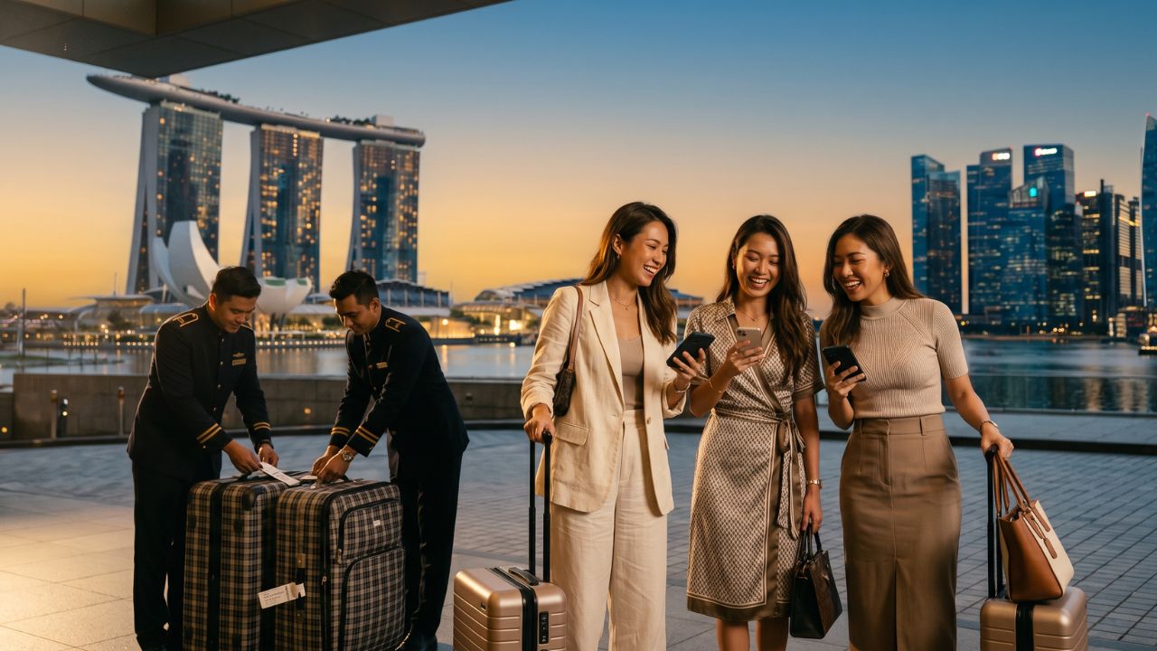 A premium traveler effortlessly dropping their luggage at Marina Bay Sands, completely bypassing the massive travel chaos and airport disruptions at Singapore Changi Airport