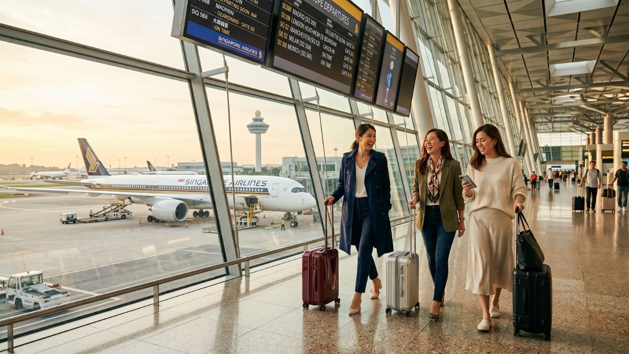 A Singapore Airlines Airbus A350 soaring above massive travel chaos and airport disruptions, providing a luxurious transcontinental bypass to Europe