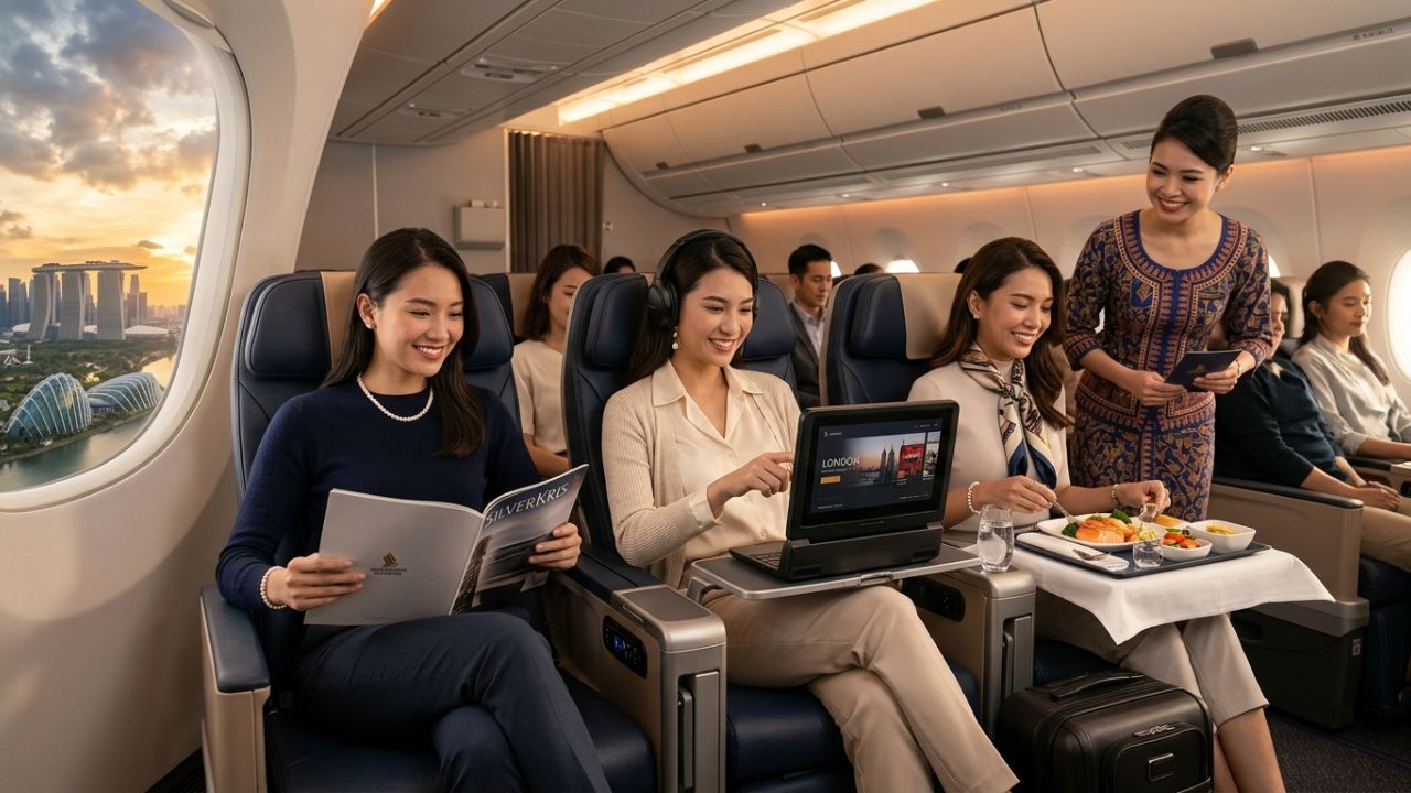A highly dramatic scene capturing the luxurious, high-tech interior of a Singapore Airlines A350-900 Premium Economy cabin, representing a strategic deployment designed to rescue international travelers from severe regional airport disruptions and travel chaos