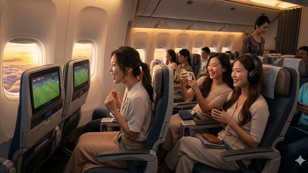 A highly dramatic scene capturing a Singapore Airlines aircraft aggressively deploying live World Cup broadcasts to combat severe international travel chaos and flight cancellations across global networks