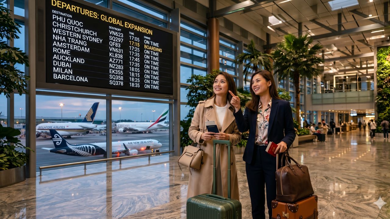 A pristine array of widebody aircraft from Singapore Airlines and Air New Zealand lined up at Singapore Changi Airport, illustrating a massive new route expansion bypassing severe global travel congestion