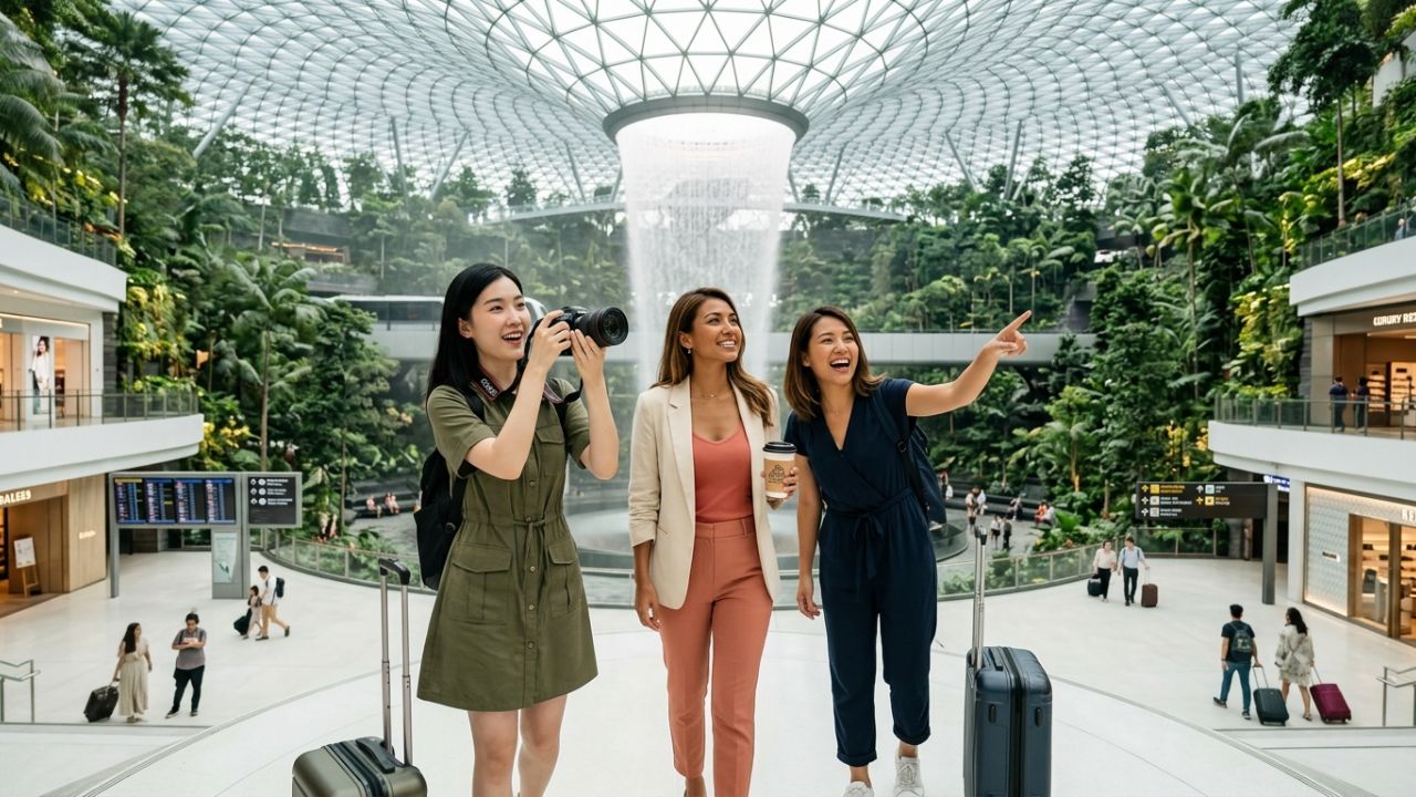 A highly modernized, luxurious transit lounge at Singapore Changi Airport, featuring indoor gardens and sleep pods designed to relieve travel chaos.