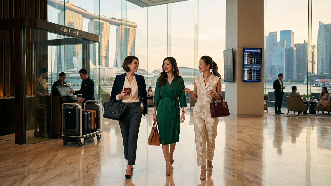 A luxury hotel concierge accepting luggage for a downtown check-in, symbolizing the ultimate premium bypass against physical airport travel chaos