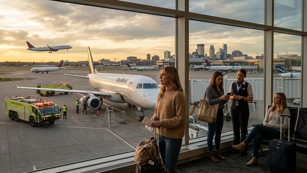 A highly dramatic scene capturing the terrifying emergency landing of SkyWest Airlines Flight 4122 at Minneapolis-Saint Paul International Airport amidst massive travel chaos