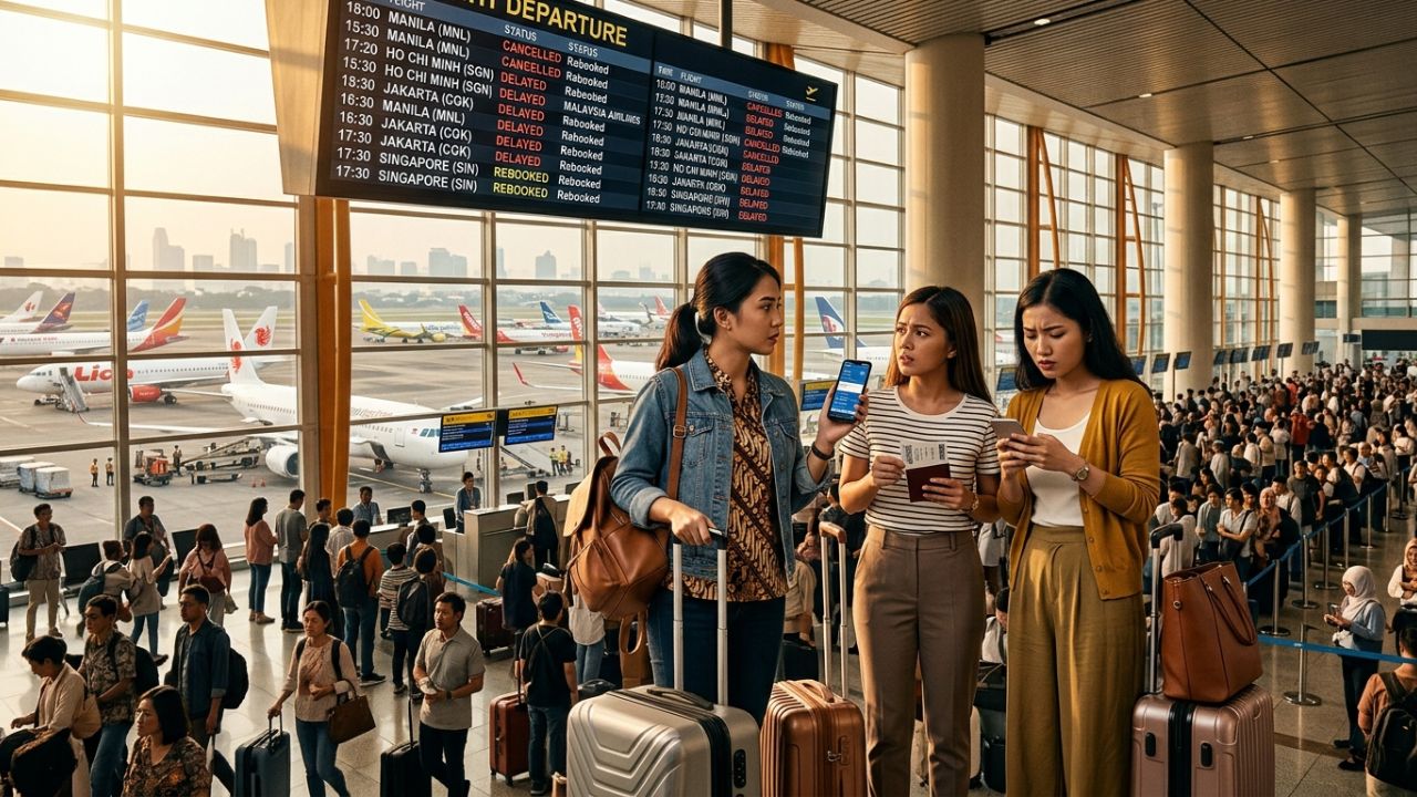 A highly congested departure board at Jakarta Soekarno-Hatta Airport displaying massive flight cancellations due to regional jet fuel shortages