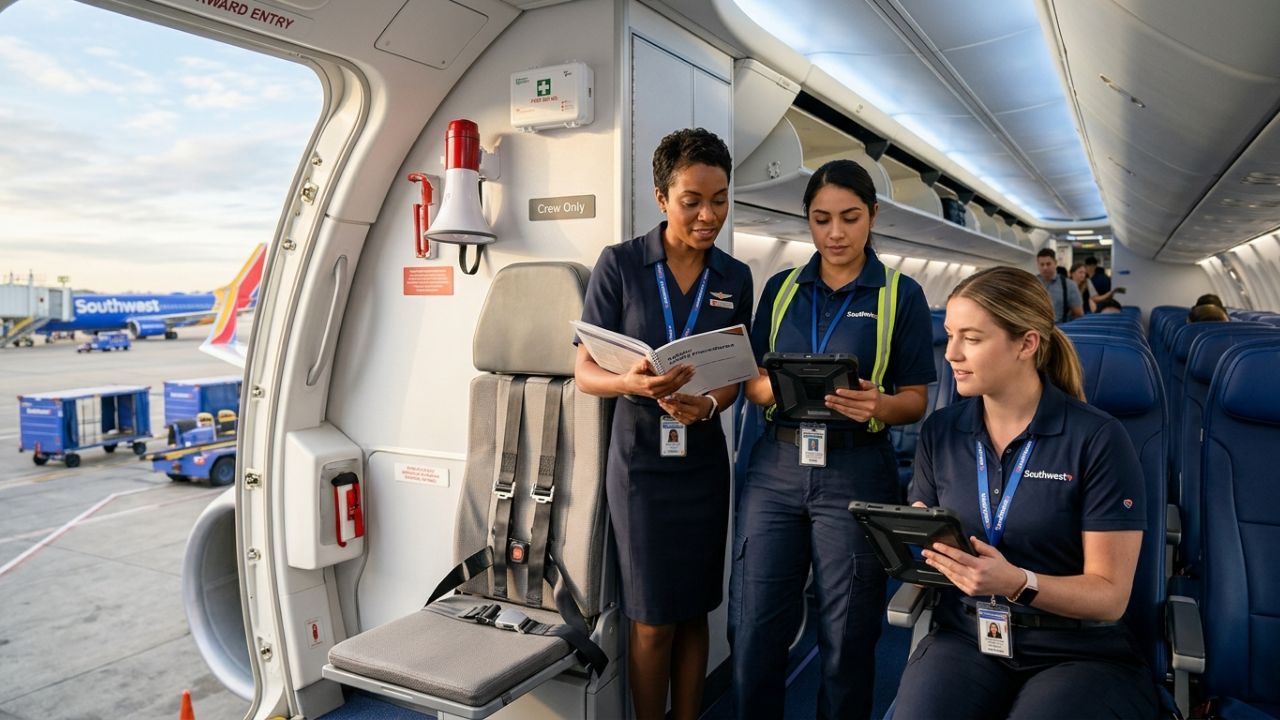 A highly dramatic scene capturing massive operational intensity as Southwest Airlines aggressively reverses a Boeing 737 jumpseat ban for mechanics and staff to bypass terrifying travel chaos and avert severe flight cancellations