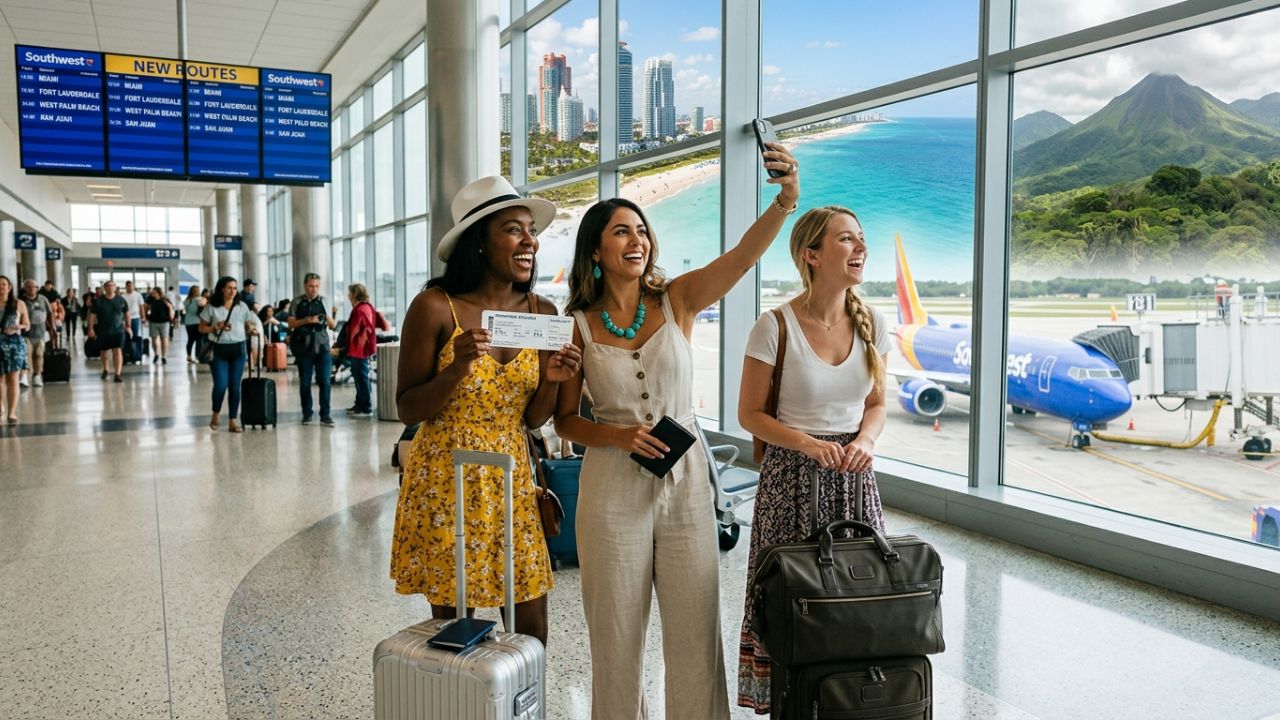 A highly dramatic scene capturing Southwest Airlines aggressively executing massive nonstop flight expansions to combat severe international travel chaos and bypass congested domestic hub airports