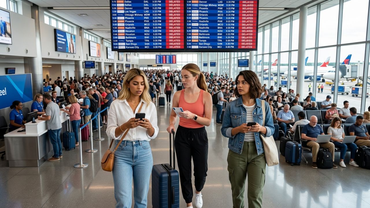 A severely congested Southwest Airlines terminal showcasing massive travel chaos and cascading flight delays paralyzing the US domestic aviation network