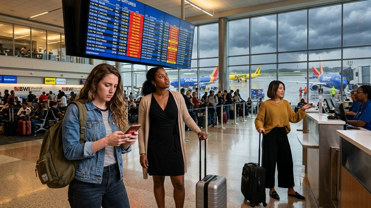 A highly dramatic scene capturing heavily congested terminals and stranded passengers at Baltimore/Washington International Airport, representing the intense operational meltdown and travel chaos following sudden flight cancellations by Southwest, Delta, and United