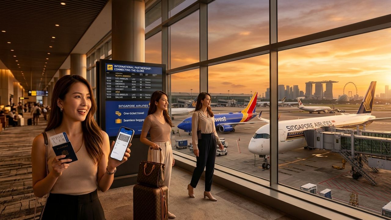 A highly dramatic scene capturing massive passenger relief as Southwest and Singapore Airlines aggressively deploy a massive interline alliance to bypass the terrifying travel chaos paralyzing complex trans-Pacific itineraries
