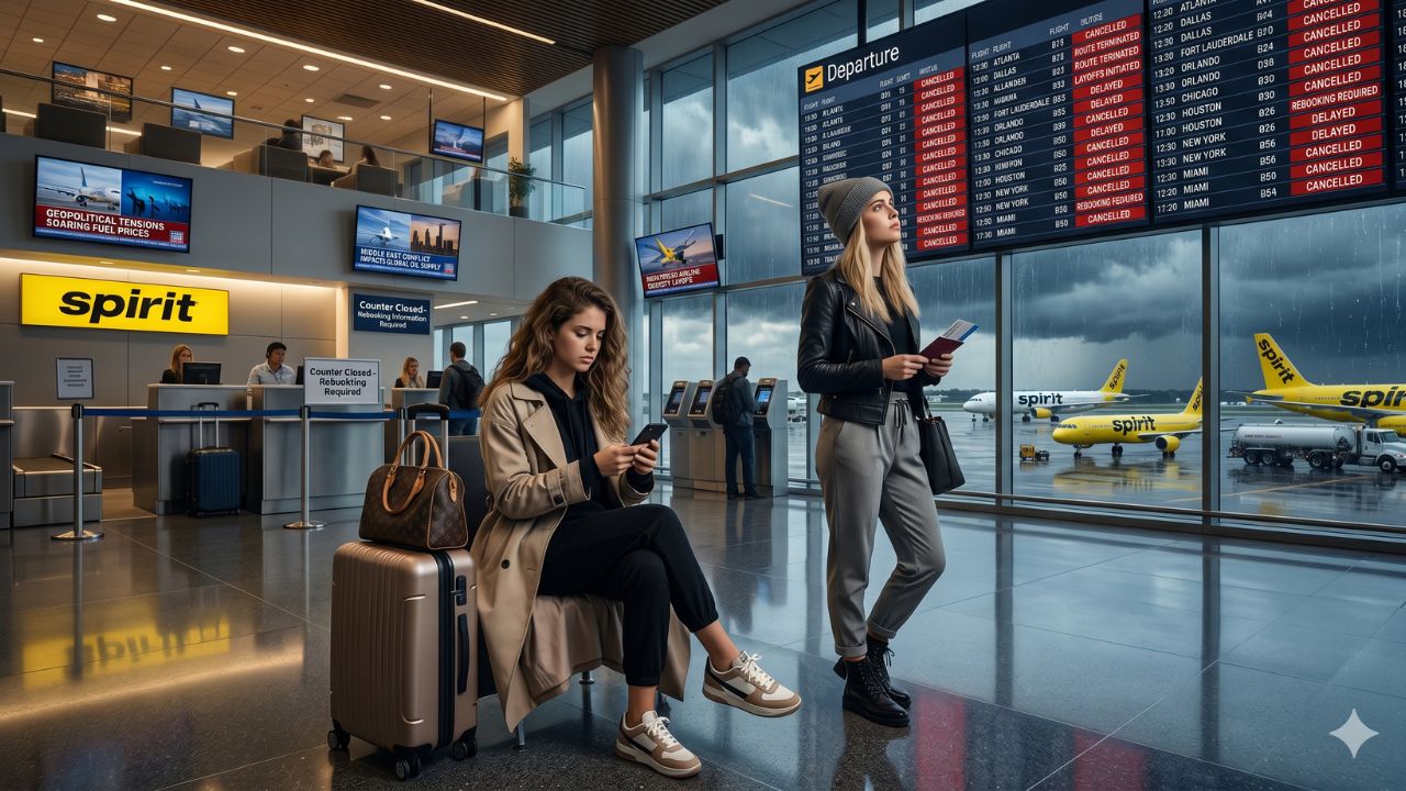 A highly chaotic scene outside a Spirit Airlines terminal showing thousands of stranded travelers and laid-off employees reacting to the total financial collapse of the budget carrier