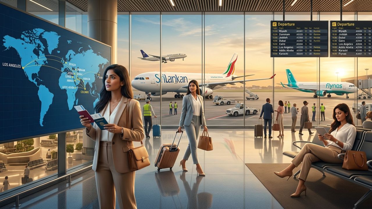 A pristine, highly efficient terminal in Saudi Arabia serving SriLankan Airlines, Saudia, and Flynas, symbolizing the incredible global network expansion successfully defeating international travel chaos and aviation gridlock.