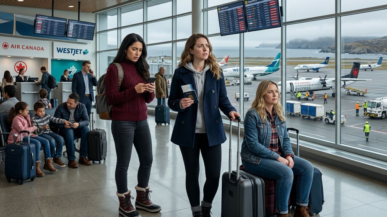 A congested departure terminal at St. John's International Airport, where sudden travel chaos and unexpected flight cancellations have stranded passengers traveling to Toronto and Halifax
