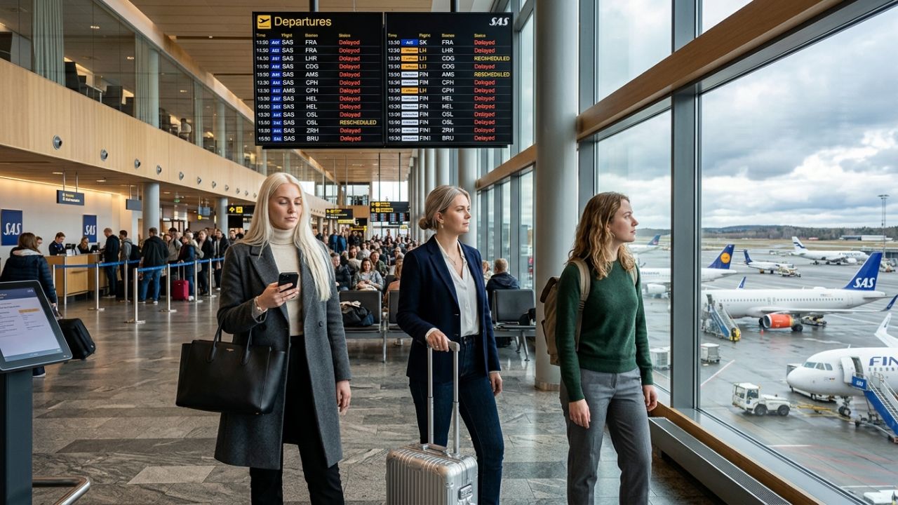 Thousands of frustrated passengers trapped at Stockholm Arlanda Airport, desperately attempting to rebook flights amid severe travel chaos and rolling airport disruptions