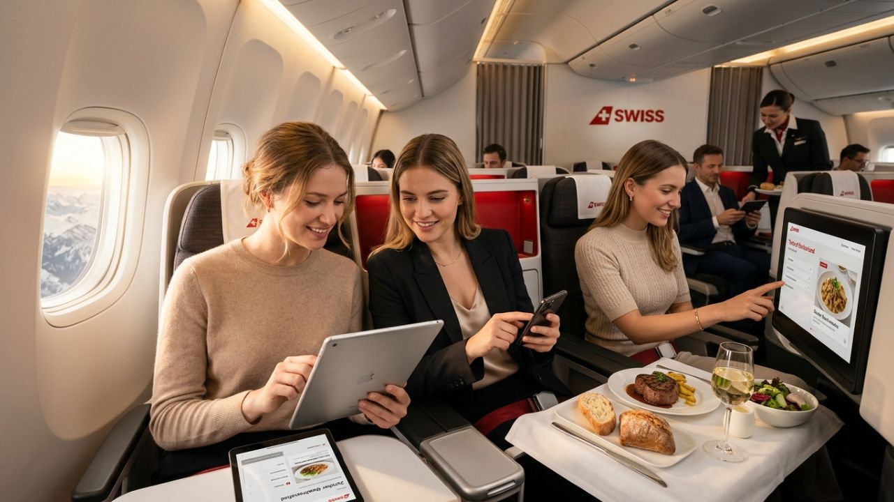 A passenger utilizing the new SWISS digital menu app on a smartphone to pre-order inflight dining, ensuring absolute control over their travel experience despite surrounding airport disruptions.