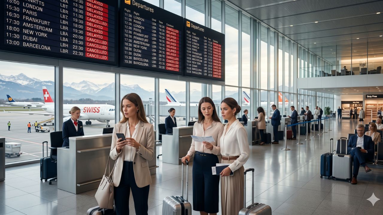 A highly dramatic scene capturing the massive Swiss flight disruptions, specifically focusing on the terrifying international travel chaos and severe terminal gridlock across Zurich Kloten and Geneva Cointrin