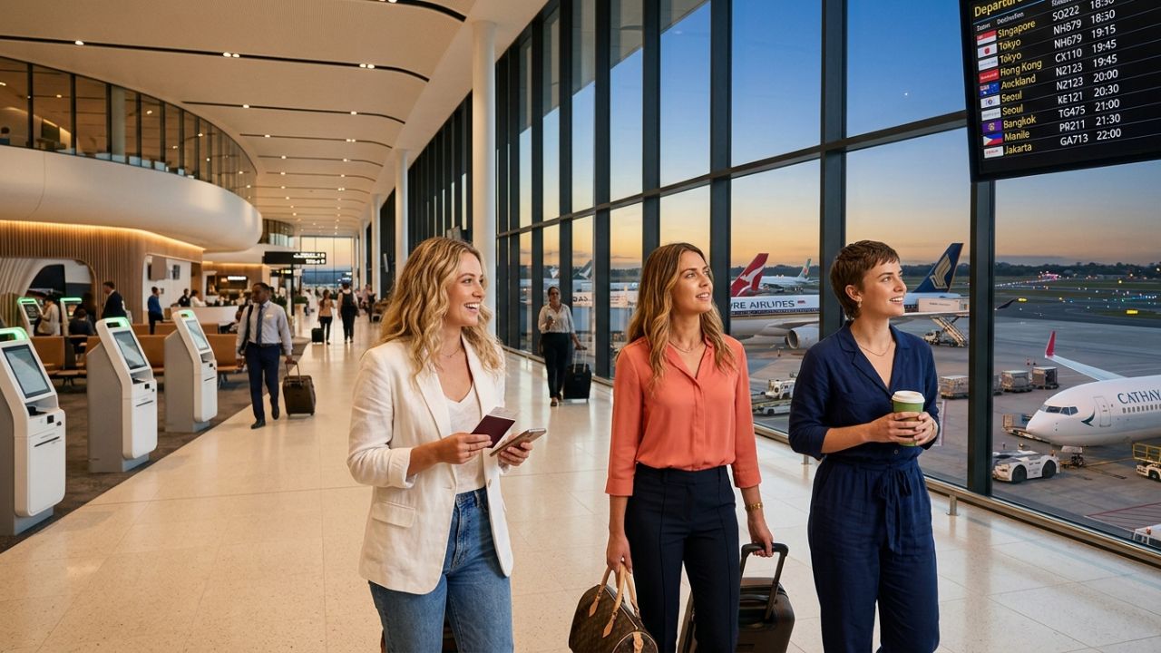 A highly dramatic scene capturing massive passenger relief as Sydney aggressively deploys its new 24-hour aviation hub, violently shielding Asia-Pacific travelers from terrifying flight cancellations and paralyzing airport disruptions caused by legacy curfews