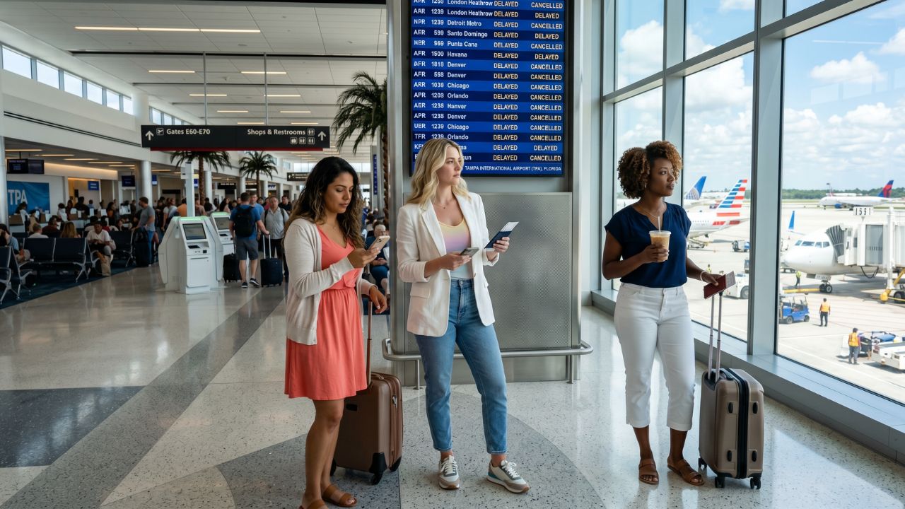 A massive crowd of stranded passengers waiting near the Delta and Southwest check-in counters at Tampa International Airport as the departure board glows with widespread delays